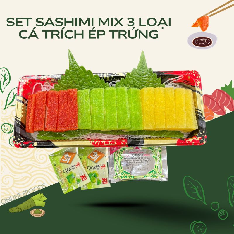 Set sashimi cá trích ép trứng Nhật Bản mix 3 màu (vàng, đỏ và xanh)